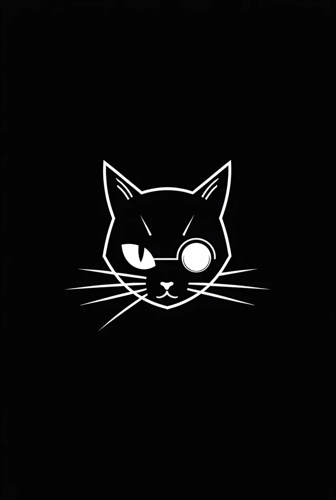I need a cyberpunk cat icon with little detail that is just the cat's face, like a very technological monocle in the form of a drawing, all in white, with black background