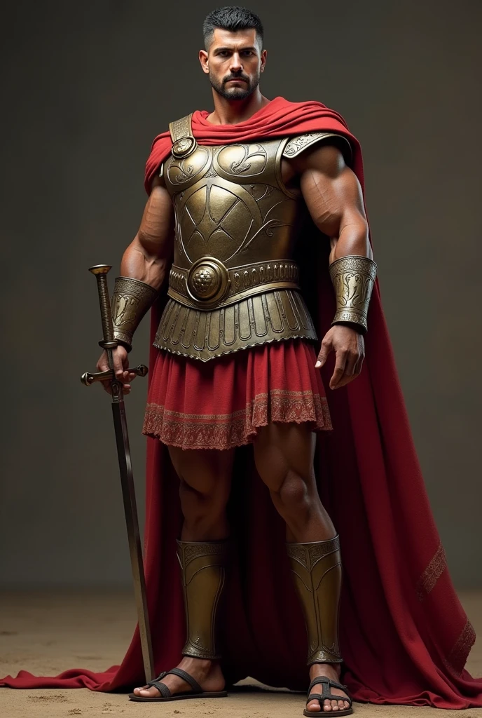 ((masterpiece, highest quality, Highest image quality, High resolution, Raw photo, 8K)), ((Extremely detailed CG unified 8k wallpaper)), (huge stunning warrior shot, full body, musclural body beauty:1.4), Posing for the camera, In a warrior fighting stance, a stern look, in a ready stance, Build: Scipio Africanus is depicted as a tall and imposing figure, with a strong, athletic build that reflects his prowess as a military commander.
Facial Features: His face is distinguished by high cheekbones and a sharp, aquiline nose. His expression is often calm yet commanding, with an air of confidence that suggests his strategic brilliance.
Eyes: His eyes are a deep, piercing brown, full of intensity and intelligence, giving the impression of someone who is constantly evaluating and planning his next move.
Hair: He has short, well-groomed hair, typical of Roman men of high status. His hair is dark, with a slight wave, kept neat and orderly, reflecting his disciplined nature.
Complexion: Scipio’s skin is lightly tanned from years spent in military campaigns across the Mediterranean, showing the effects of the sun and the harsh conditions of war.
Clothing: He is often portrayed wearing a Roman general's armor, which includes a bronze cuirass decorated with intricate designs symbolizing his victories. Over his armor, he wears a red military cloak (paludamentum), fastened at his shoulder with a fibula (brooch), signifying his rank and command. His sandals (caligae) are sturdy and well-worn, indicating his experience in long campaigns.
Signature Pose:
Description: Scipio Africanus is depicted standing with a confident and commanding posture. He is slightly turned to the side, gazing forward as if surveying the battlefield or envisioning his next move. His left hand rests firmly on the hilt of his sheathed sword at his side, symbolizing his readiness for action. His right hand is extended forward, palm open and fingers slightly spread, in a gesture that signifies both leadership