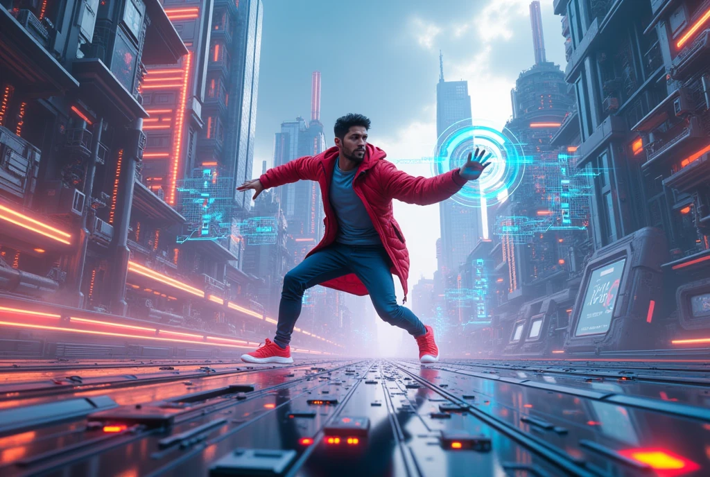 "Illustrate the character from the brand’s visual identity in an action-packed scene that highlights the brand’s key services or values. For example, if the brand is tech-focused, depict the character using advanced gadgets or solving a high-tech problem. Use dynamic poses and vivid backgrounds to convey excitement and innovation, making the scene engaging and visually appealing for promotional content.