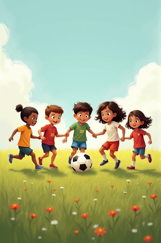A picture of kids playing football in an open field with a simple ball, representing the accessibility of the sport.
