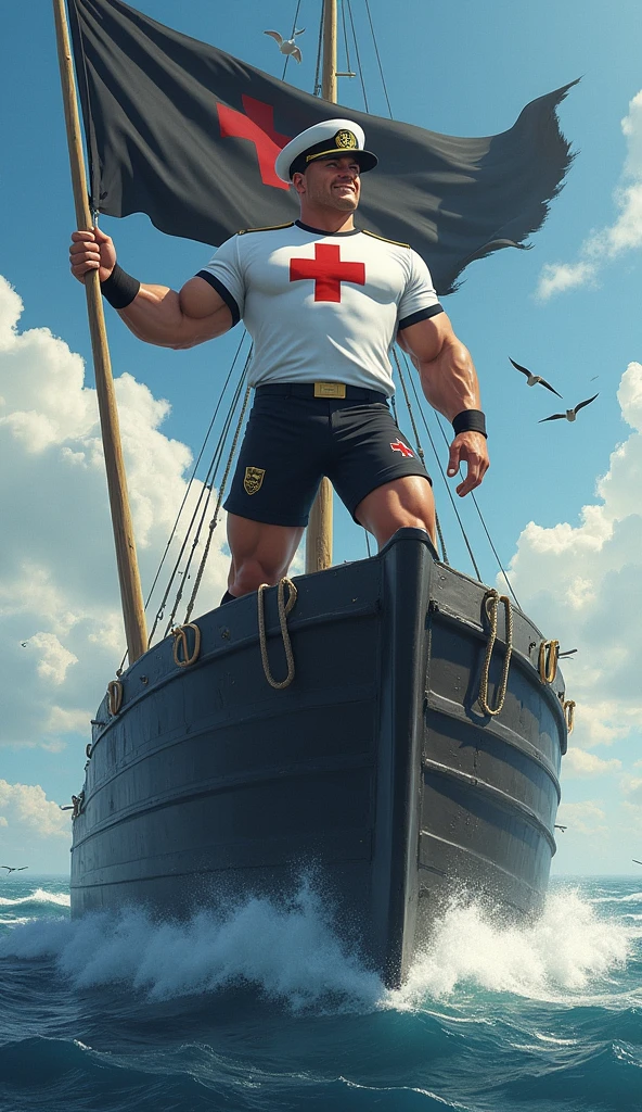 The mascot is an admiral, muscular, puffed-up chested, with an imposing appearance. He should be wearing a soccer uniform, a white shirt with a black crossband, over the band a thick red Maltese cross on the chest, black shorts and socks, with a black admiral's hat with a thick red cross on the sides straight in the front. The admiral should be posing with a confident and friendly expression, holding a black flag in one hand, waving in the wind, on top of a large black slave ship in a high sea with waves, birds flying in the sky.