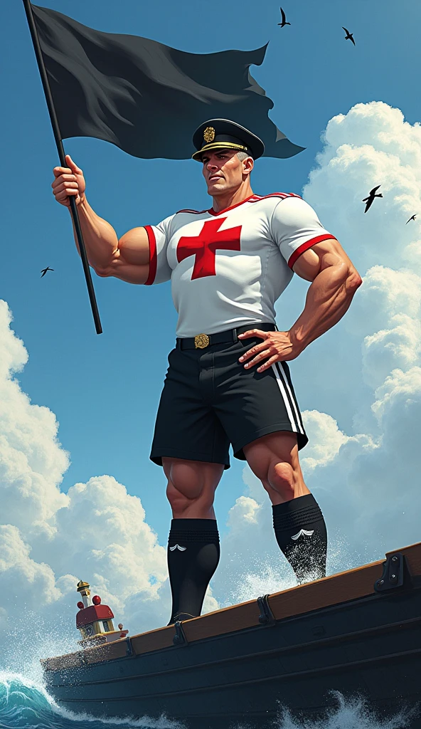  The mascot is an admiral, muscular, puffed-up chested, with an imposing appearance. He should be wearing a soccer uniform, a white shirt with a black crossband, over the band a thick red Maltese cross on the chest, black shorts and socks, with a black admiral's hat with a thick red cross on the sides straight in the front. The admiral should be posing with a confident and friendly expression, holding a black flag in one hand, waving in the wind, on top of a large black slave ship in a high sea with waves, birds flying in the sky.