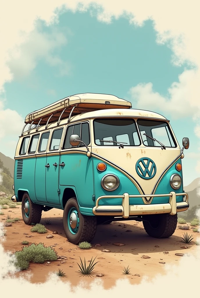 feis moi un volkswaghen T3 de 1983 blanc et bleu turquoise en bas en dessin olschool un peu off road