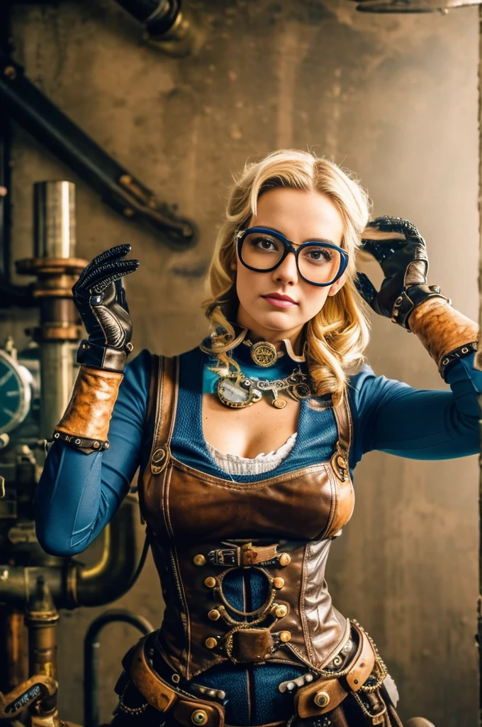 view from above, Dutch corner, blonde woman in glasses and gloves posing for a photo, steampunk style, Alice in Wonderland Cyberpunk, steampunk girl, steampunk pin-up girl, magic and steam - punk style, glamorous cosplay, steampunk beautiful anime woman, steampunk style, steampunk, rococo cyberpunk, wearing steampunk attire, steampunk!, steampunk, like a lady mechanic