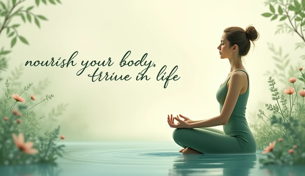 A serene background with soft, natural elements like flowing greenery, flowers, or gentle waves. Incorporate imagery of a woman practicing yoga or meditation in nature. “Nourish Your Body, Thrive in Life” in elegant, cursive font, with the brand name subtly placed. Earthy tones like sage green, soft blues, and muted pinks to create a calming effect.