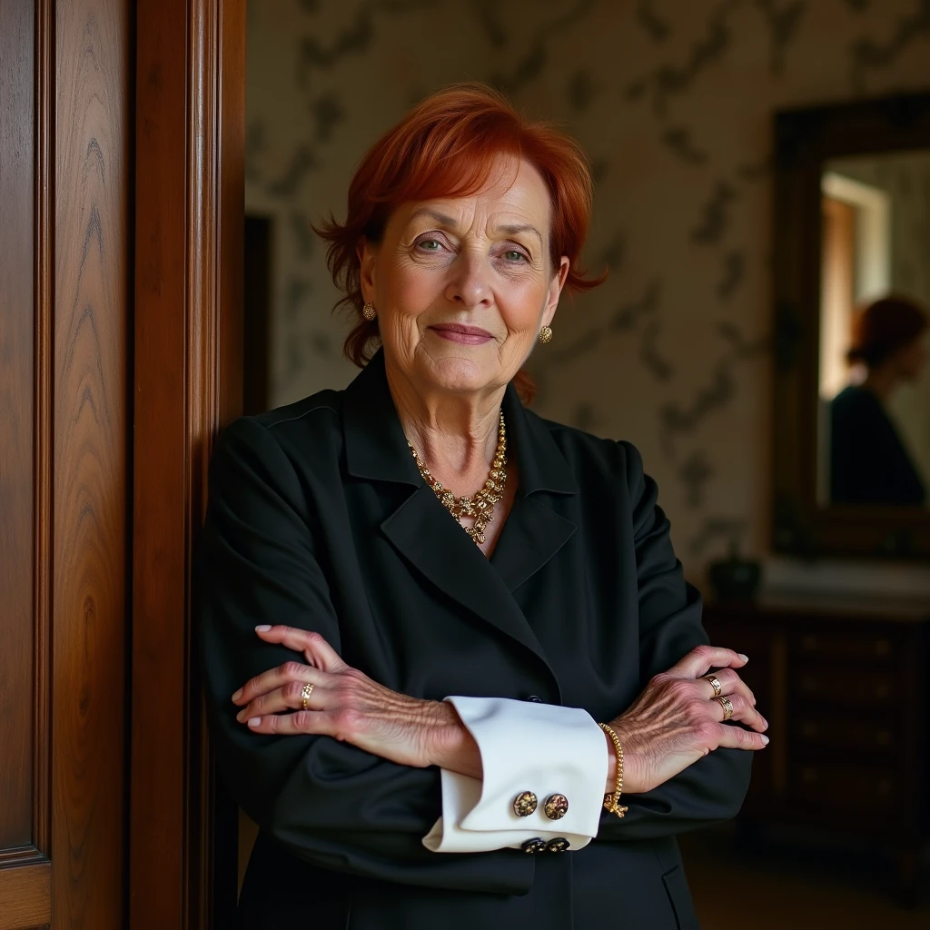 avant-garde photography of an elderly woman as ((baker)) with ((red mullet hair)) who wears cufflinks, subtle symbols of elegance, adorns the sleeves of a formal shirt, shows attention to detail, vestita with top nero senza spalline, gold necklace, gold bracelet, wooden door, marble walls, internal lighting, mirrored