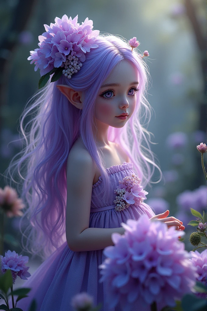 A girl with the appearance of a wild fairy. May your skin color be lavender, Her hair is purple and her eyes are deep purple.. Let her wear a dress made from hydrangea flowers 