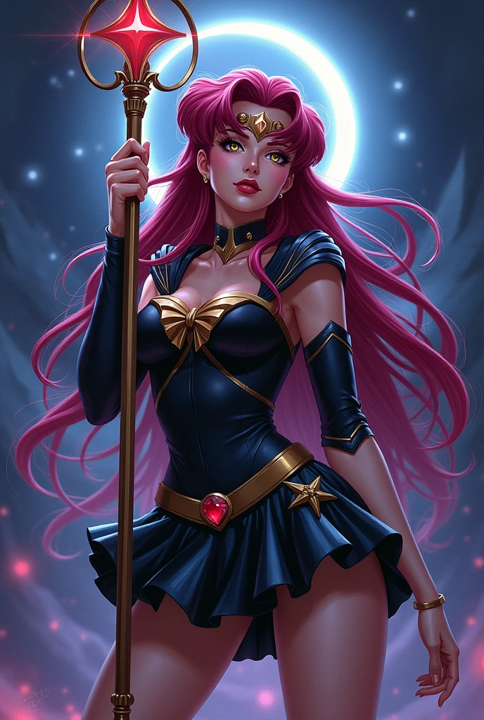 Sailor Pluto with honey colored eyes and beet colored hair, black uniform and scepter with a crescent moon and star above