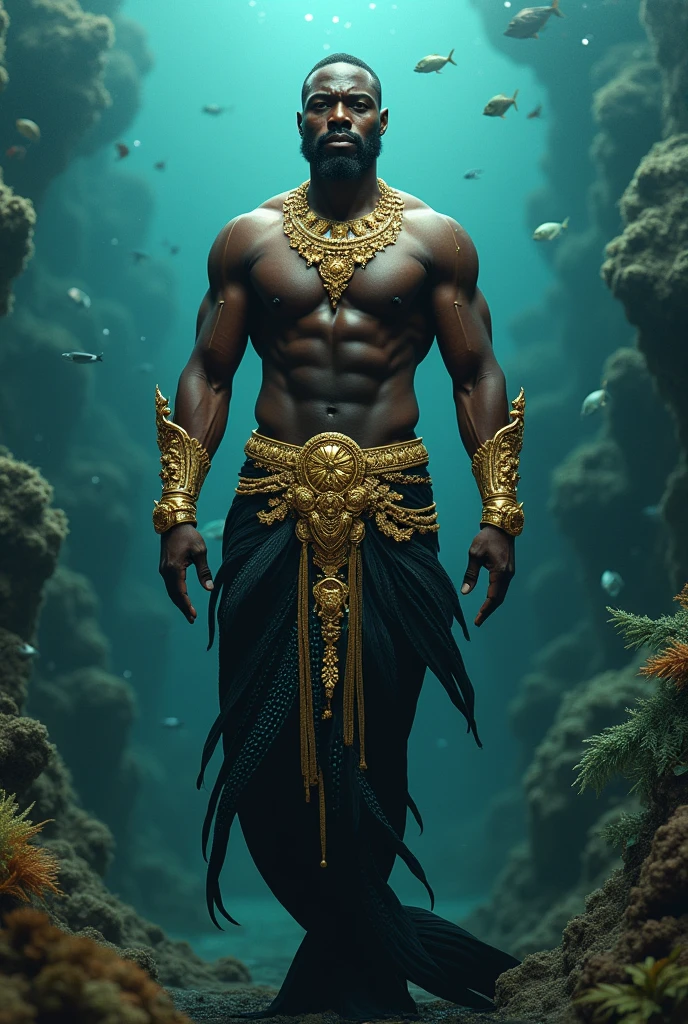 black African man. Merman. Decked in gold. Black tail. Ultra high resolution.