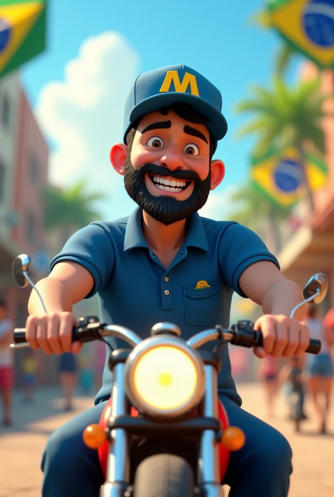 Pixar-inspired 3D poster capturing a background scene with a 3 man with a short, dark beard , square face white man with black hair to the side short lumberjack style dressed in blue polo shirt or suit with a blue cap with the letter m on the cap light skin color happy riding a motorcycle with people and a flag of Brazil 
