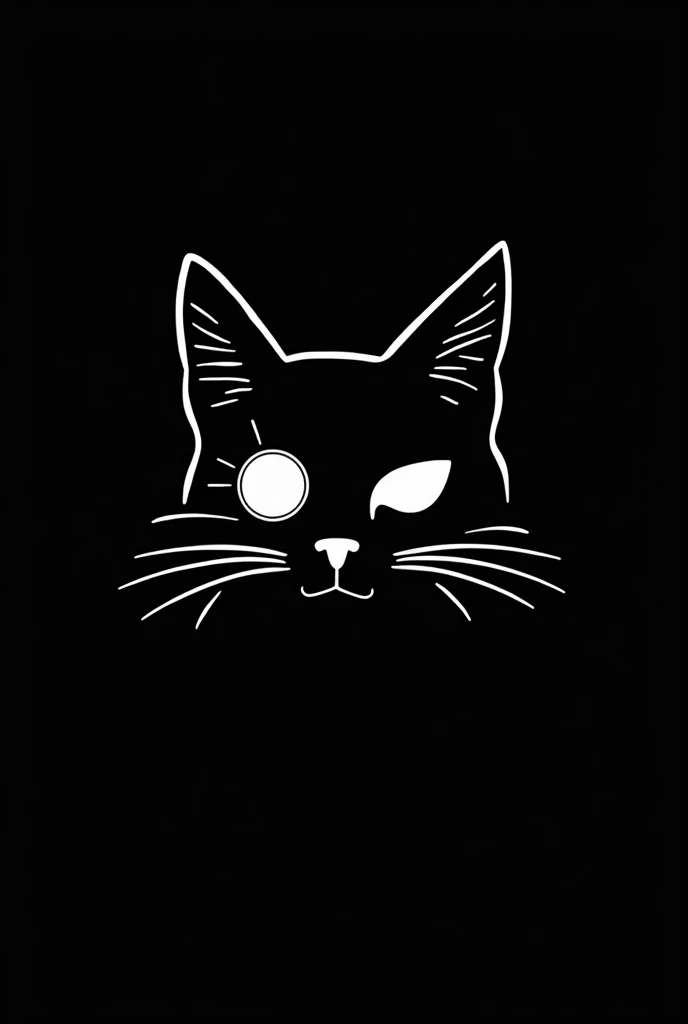 I need a cyberpunk cat icon with little detail that is just the cat&#39;s face, like a very technological monocle in the form of a drawing, all in white, with black background