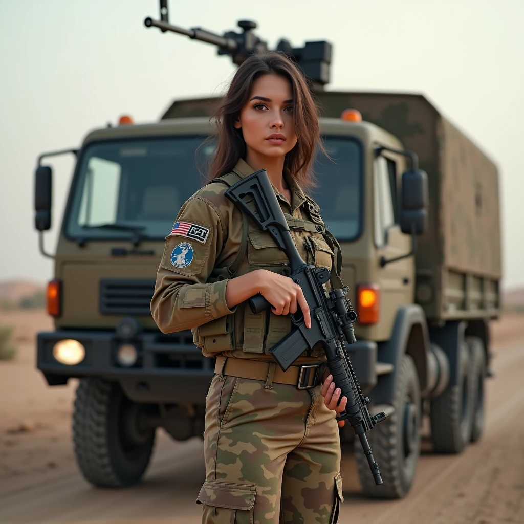Alafed truck with gun on back, Afghan fighters, French special forces, heavily armed, Taliban, Kurdish soldiers, heavily armored, military vehicle, military weapons, military equipment, truck, camouflage, special forces security, modern military equipment, carrying rifle, gun mounted on shoulder, gun posing in front of truck A female brunette soldier, ((masterpiece, highest quality, Highest image quality, High resolution, photorealistic, Raw photo, 8K)), ((Extremely detailed CG unified 8k wallpaper)), (huge stunning goddess shot, very hot and sexy, jaw-dropping beauty, perfect proportions, beautiful body, slim body beauty:1.4),  