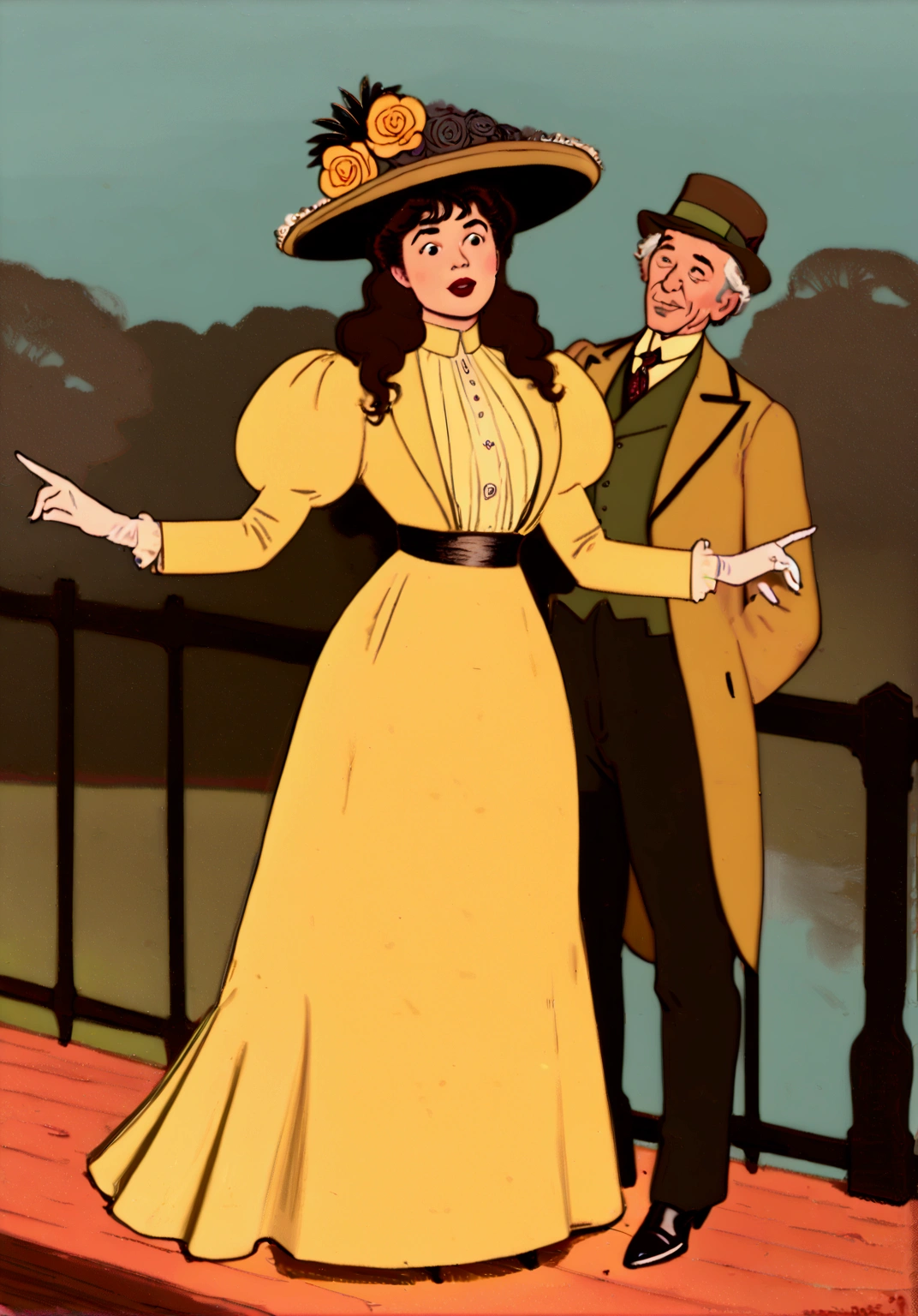 NSFW. Veronica Lodge as a sexy yo brunette nymphomaniac Gibson Girl (((buttfucked by a horny 69yo gentleman:1.5))). Year 1899. 1890_dr3ss. Yellow high-collar long sleeve shirtwaist, large hat lavishly topped with flowers and feathers, silk gloves, standing on a rail, pinky finger raised, sash cinched around her waist floor-length high-waisted skirt, petticoats, silk stockings, boots. Thotty demeanor. Hourglass figure. Large chest, 9in wasp waist, bubble butt. Gorgeous face, red lips. Gilded Age setting. Man wearing white three-piece business suit, trousers down, hairy balls 