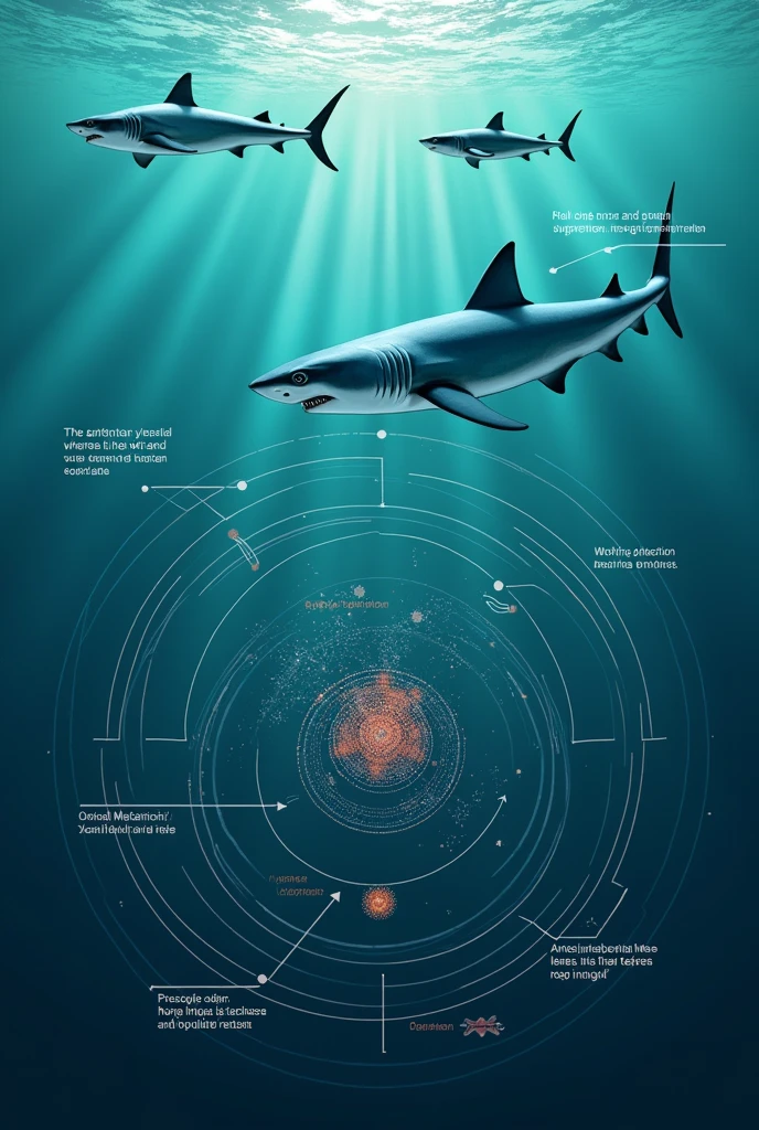 Blood detection diagram in water, with lines that show how sharks sense the presence of prey from a distance.