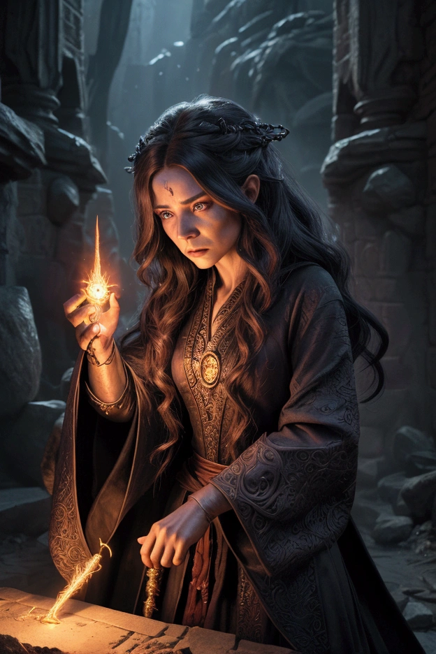 photo realistic female wizard, highly detailed fantasy character, intricate magical robe, long hair, detailed facial features, casting a spell, kobold enemy, fierce battle scene, cinematic lighting, dramatic atmosphere, vibrant colors, digital art, hyper realistic, 8k, high quality, detailed spell