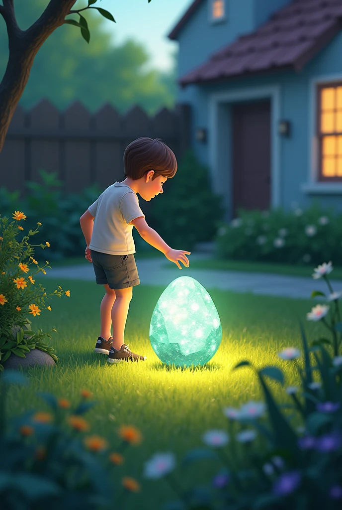 draw a person in his yard touching a shiny stone animated