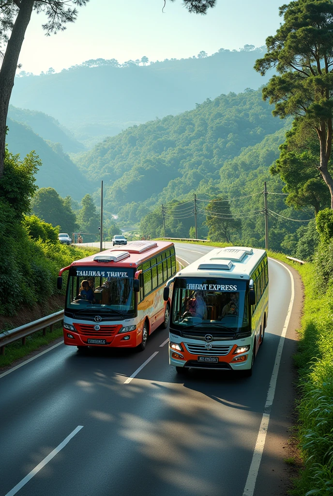 Two AC buses are passing each other on the beautiful road of Bangladesh, one bus is called  Tanjima Travels and the other is called Rifat Express.