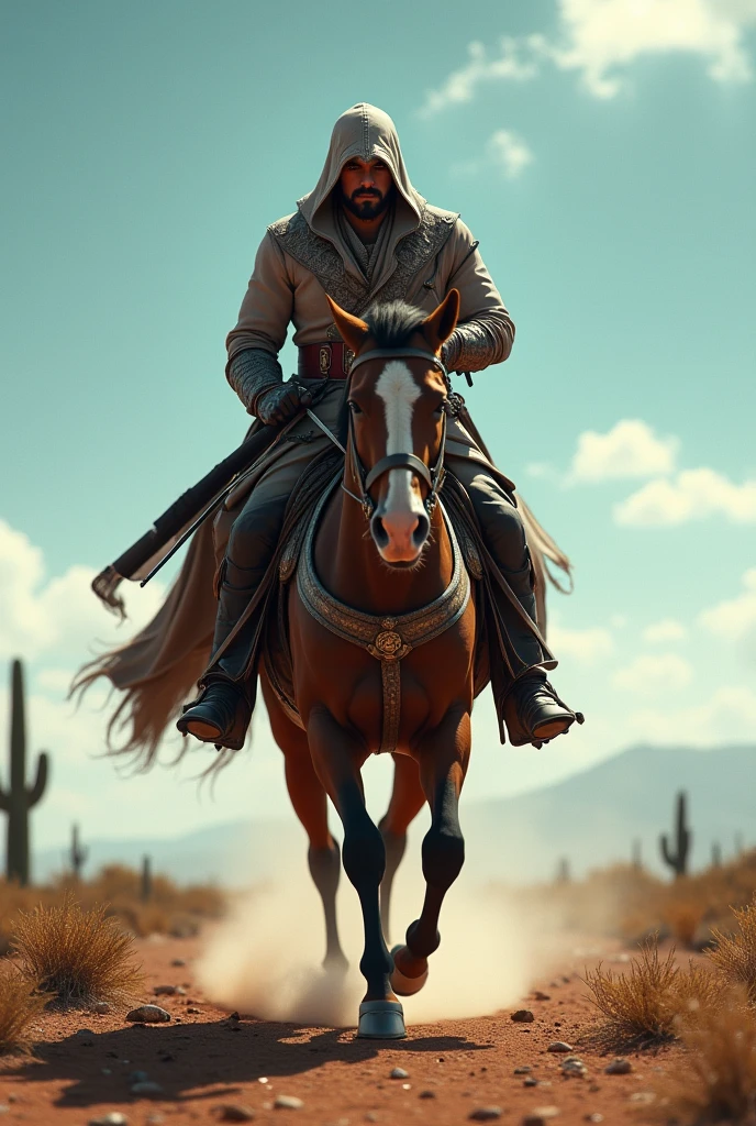 A cinematic image of Pancho Villa in an Assassin's Creed-style outfit riding his horse across a plain