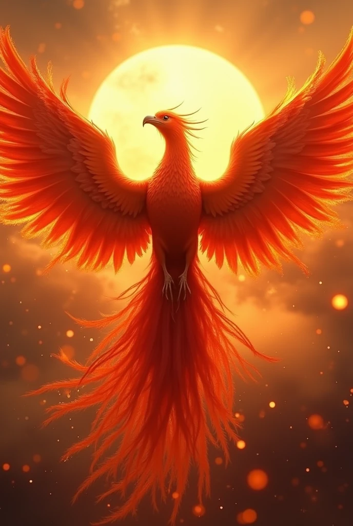 god々A fascinating close-up portrait of a beautiful large phoenix in bright light, Golden Light, The vibrant bokeh balls gently frame the delicate shape.. , The phoenix is a beautiful, fiery red.., Extremely realistic photos, 美しくgod秘的に発光する翼, A long tail like a peacock, Ultra detailed sun, With the sun at my back, Flying in the sky, Facing forward, universe space, Very large and impressive adult bird,