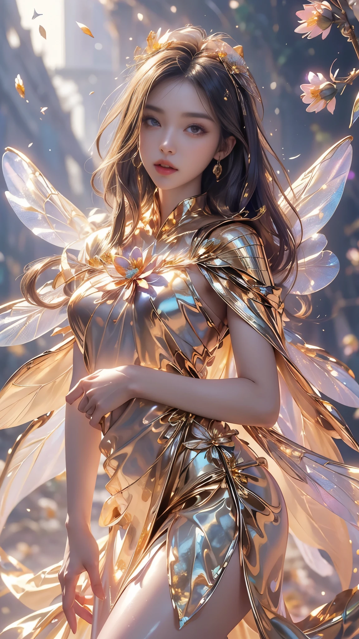 8k, masterpiece, 1 girl, beautiful face, very long hair, light makeup, (glossy skin:1.5), detailed eyes, detailed lips, small bust, short clothing, dragonfly, ((golden dragonfly clothing)), ((flowing cape)), light clothing, (flower falling:1.5), god rays, depth of field, ray tracing,