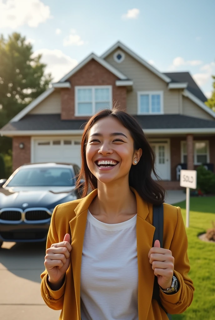 Happy woman because she bought a house and a car