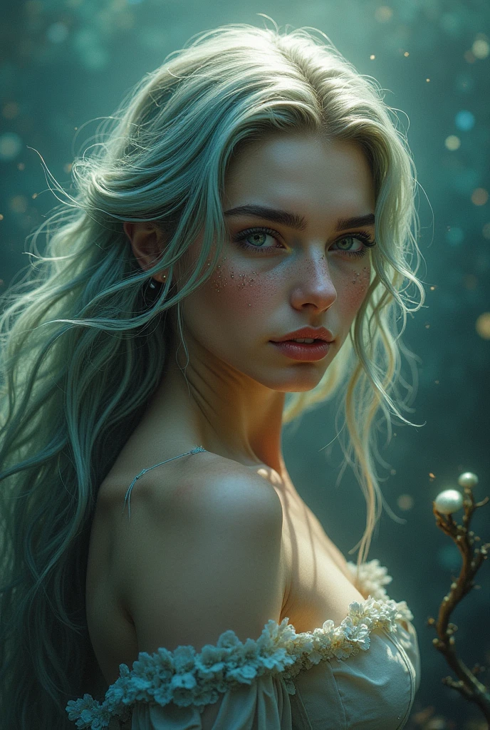 Male mermaid with long hair, handsome without beard, young with scales on face 