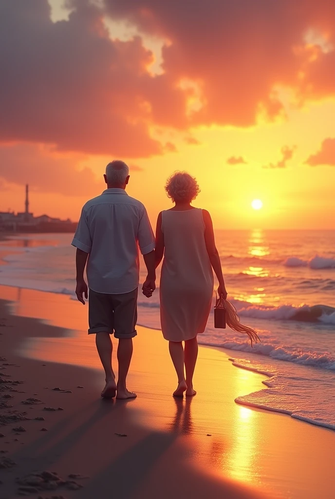 Back view of an elderly couple walking along the beach at sunset