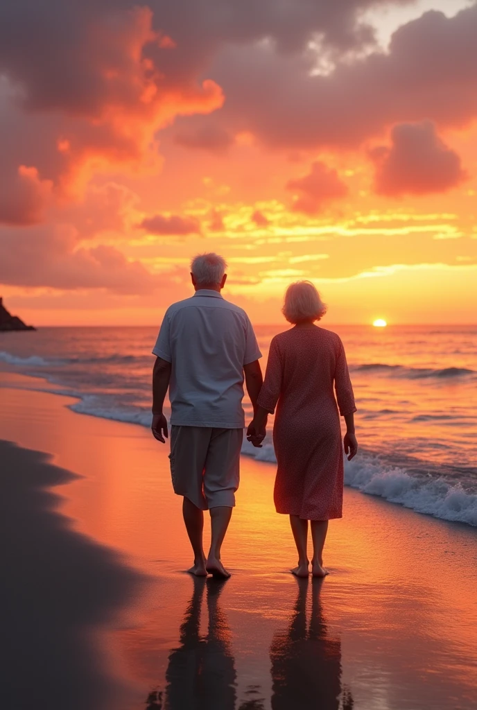 Back view of an elderly couple walking along the beach at sunset