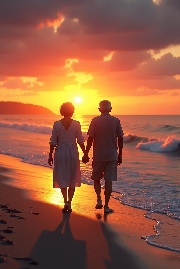 Back view of an elderly couple walking along the beach at sunset