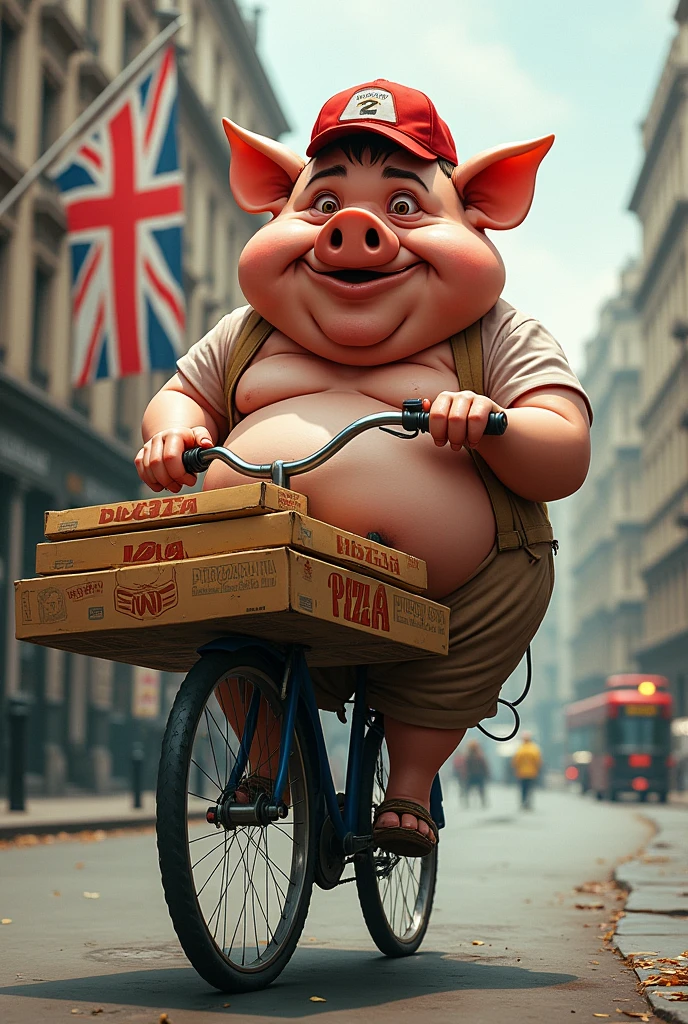 Ugly fat Pig doing pizza delivery, with UK flag waving, on a broken bike, side view, pizza written on pizza boxes,