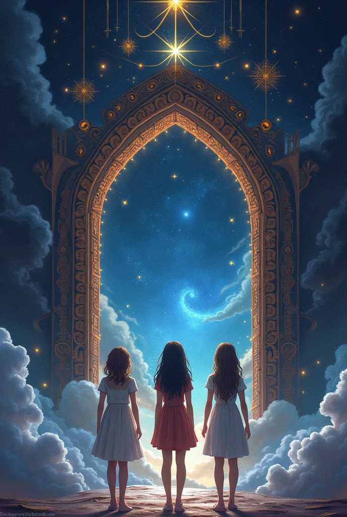 A door with the title RUMORS AND STARS where there are three girls, A white-skinned girl with short brown hair, another girl with white skin and black hair and another brunette girl with straight black hair