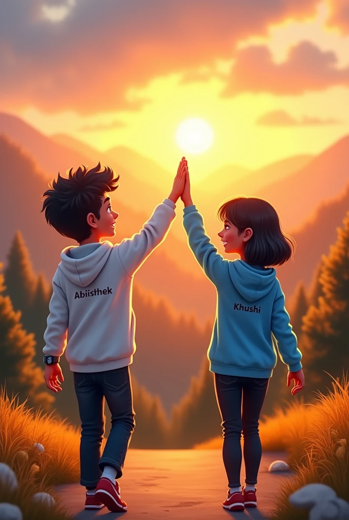 A handsome happy boy and beautiful happy girl walking opposite side on the mountain hills, boy wearing white hoodie, black jeans, Curley hair, wearing watch, and girl wearing black jeans, sky blue hoodie, short  silky hair, evening sunset, mountain hill in background, evening sunset, written 'Abhishek' in backside of boy jacket, and written 'khushi' in backside of girl hoodie, giving Hi-five each other 