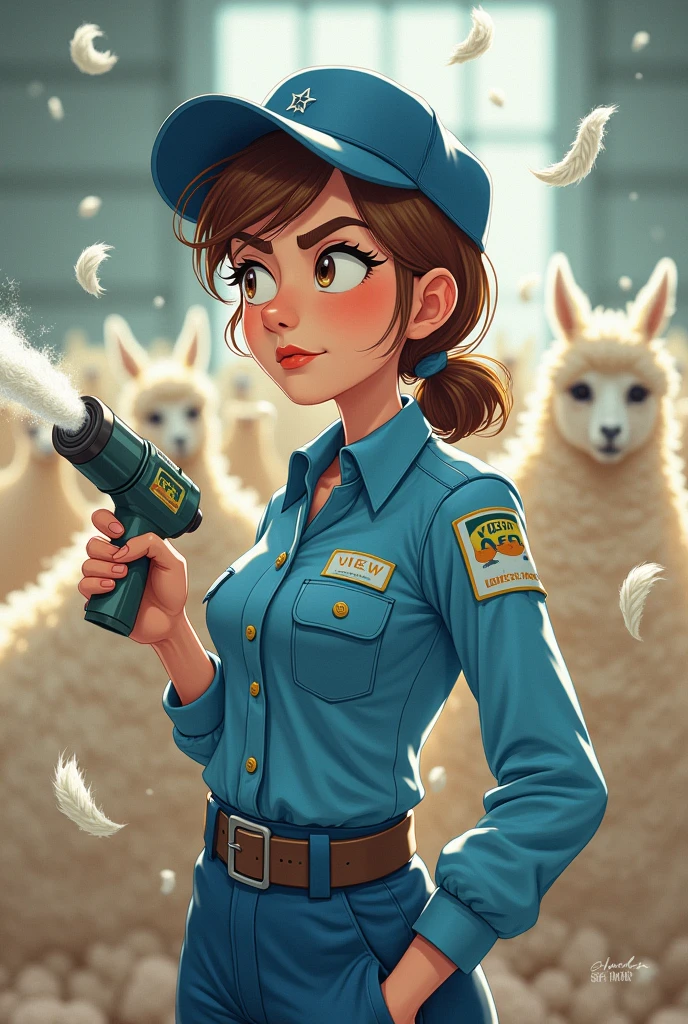 Lady, textile company worker, The textile company is made of alpaca fibers.. La Lady tiene en su uniforme pelusas de alpaca, His uniform is blue. has a hat. The woman blows air on her body with an air blow gun to remove lint. The woman must have a face that shows she knows what she is doing is wrong.. . the image must be like a cartoon
