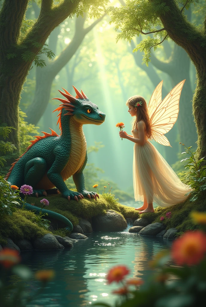 A dragon with innofensive aspect lying in the woods with a beautiful fairy