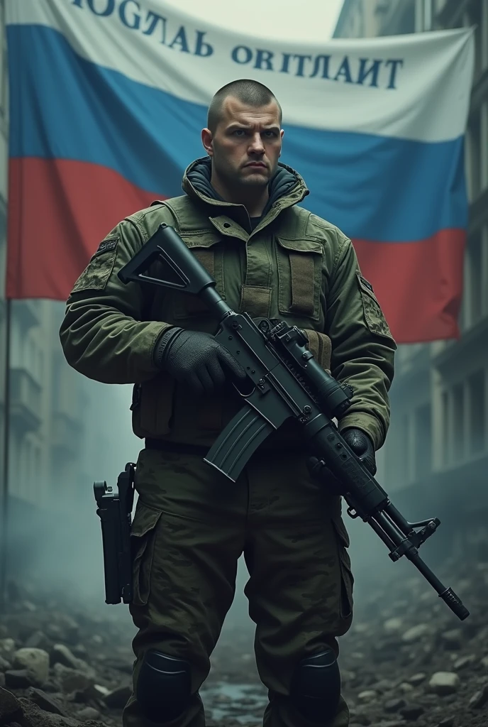 Yevgeny Prigozhin, male 6, dressed in military camouflage clothing, In the hands of a machine gun, Defender and Hero of the Russian Federation, behind the back is the background of a night city destroyed by war, smoke and fog. in the background it is written in large letters in Russian "Prigozhin is ALIVE Elephant". The Russian flag flutters in the wind. realistic quality. 