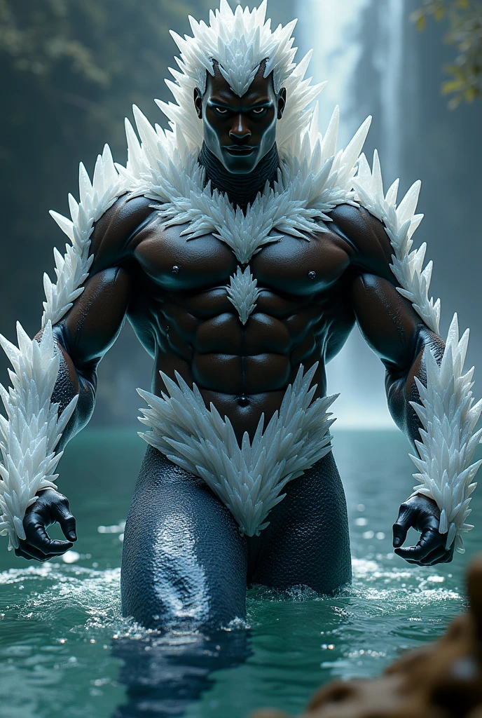 black African man. Merman. Decked in white crystals. Black tail. Ultra high resolution.
