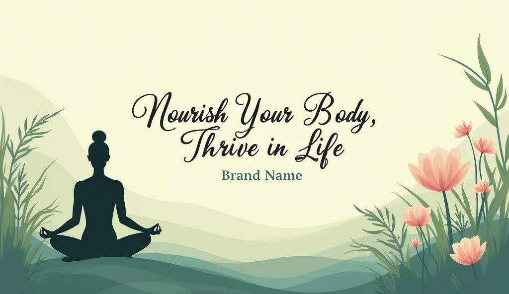 A serene background with soft, natural elements like flowing greenery, flowers, or gentle waves. Incorporate imagery of a woman practicing yoga or meditation in nature. “Nourish Your Body, Thrive in Life” in elegant, cursive font, with the brand name subtly placed. Earthy tones like sage green, soft blues, and muted pinks to create a calming effect.