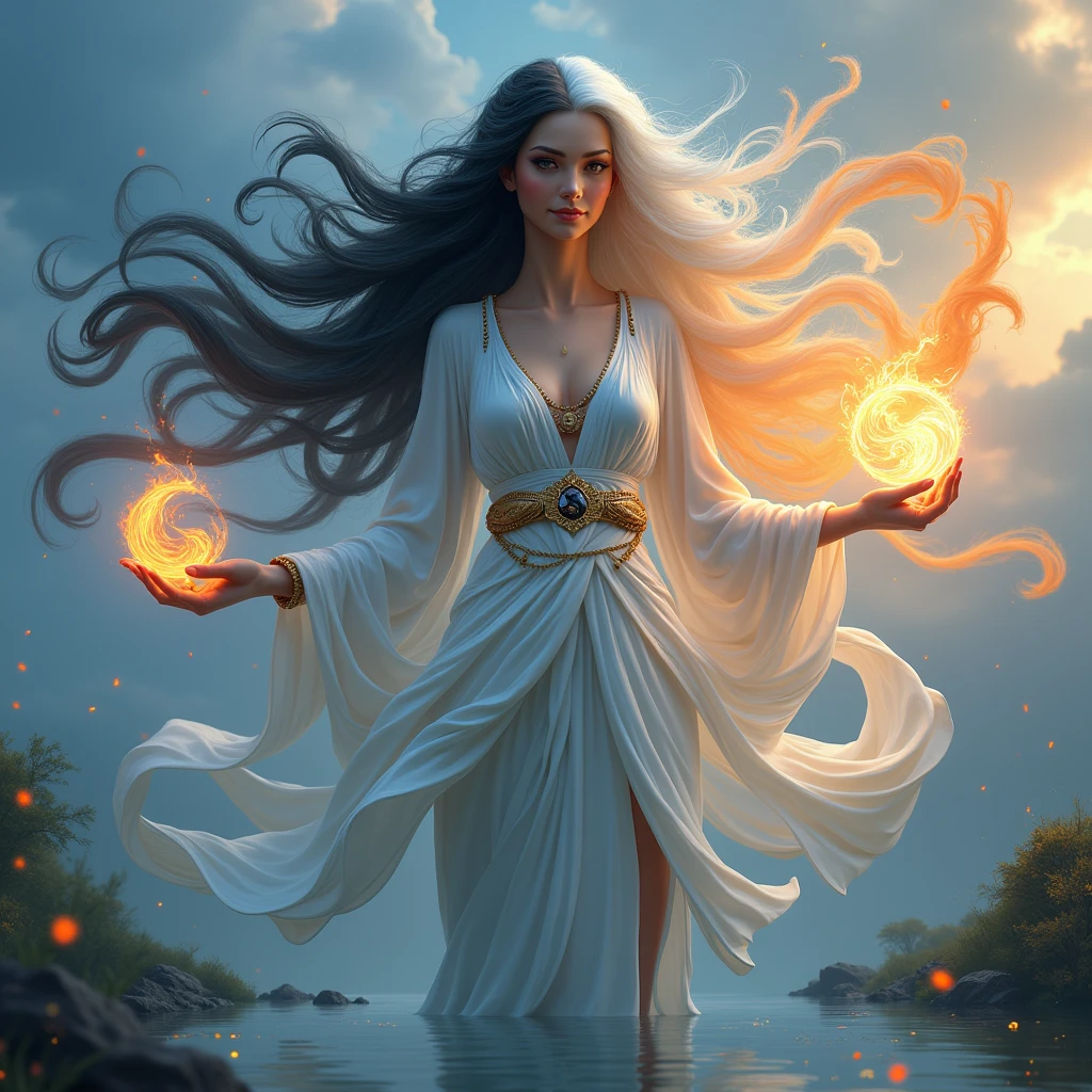(A serene and powerful goddess:1.4), (embodying the balance of yin and yang:1.5), (half of her form bathed in soft, cool moonlight:1.4), (the other half glowing with warm, golden sunlight:1.4), (long, flowing hair blending black and white strands:1.3), (elegant robes with intricate patterns representing both darkness and light:1.4), (floating gently above a calm, reflective pool:1.4), (one hand holding a glowing orb of yin energy:1.4), (the other holding an orb of yang energy:ntle smile on her face symbolizing harmony:1.4), (surrounded by swirling elements of fire and water, earth and air:1.4), (background of a tranquil, twilight sky merging day and night:1.4), (delicate and highly detailed facial features:1.4), (symbolic imagery of balance and duality woven into her attire:1.4), (soft, ethereal light illuminating her form:1.3), (highly detailed and balanced composition:1.4), (surreal, dreamlike atmosphere:1.3), (vibrant and harmonious color palette:1.4)(facial art:1.4)