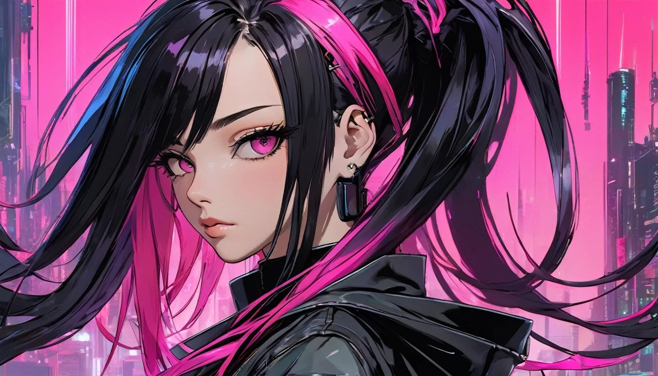 cyberpunk, A detailed close-up of a character with long, straight hair split evenly down the middle. The left side of the hair is a vibrant pink, while the right side is jet black. The hair is glossy and well-maintained, with a slight wave at the ends. The character's expression is soft and gentle, with the two-tone hair adding a striking and unique contrast to her overall appearance. The background is a soft pastel color, complementing the vibrant pink and deep black hues in the hair.