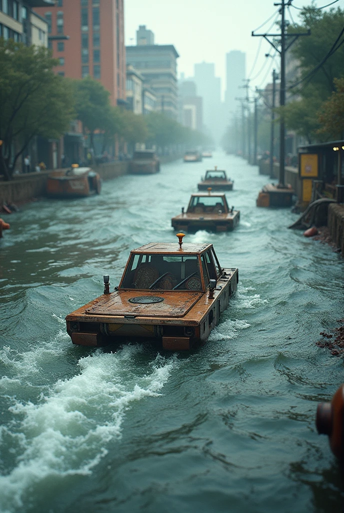 Using controlled water currents in a flood to transport floating structures