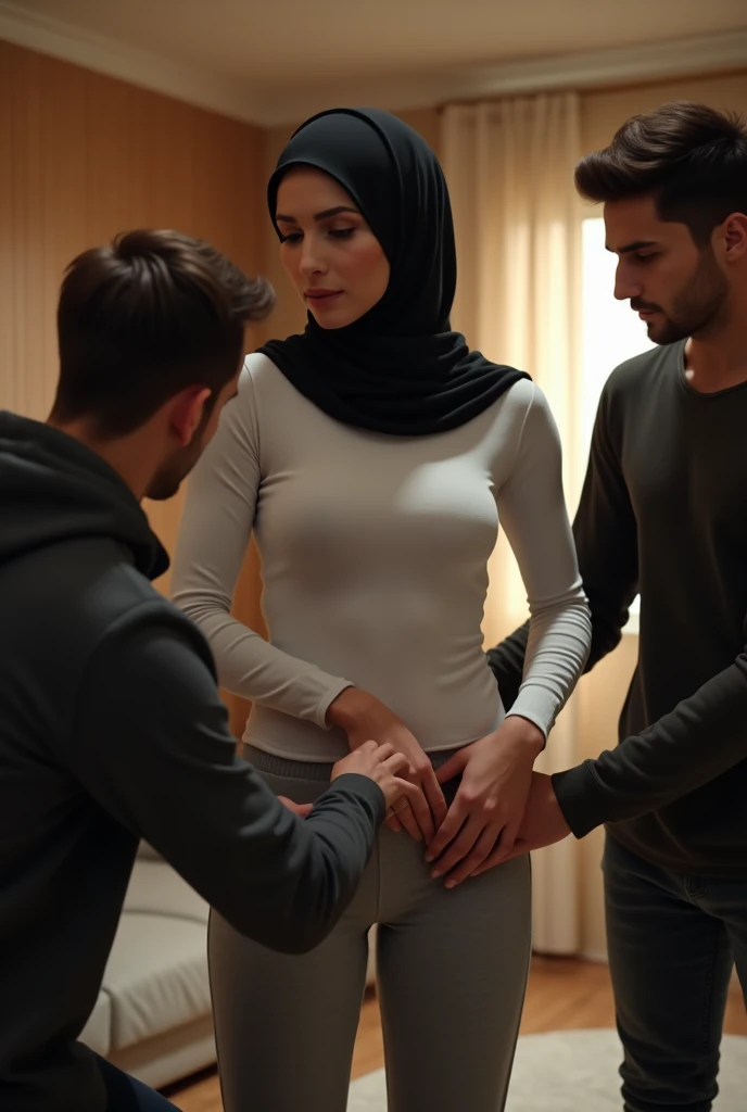 Black headscarf at home, white long sleeve t shirt, grey sweatpants, white socks, sexy woman. Men touching women&#39;s buttocks. 