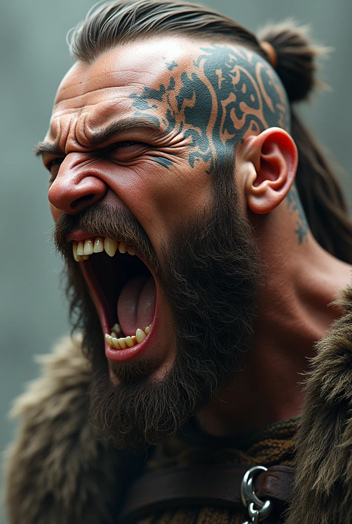 Realistic Viking screaming with his teeth bared with a Norse tattoo around his eye and with his eyes open and very expressive