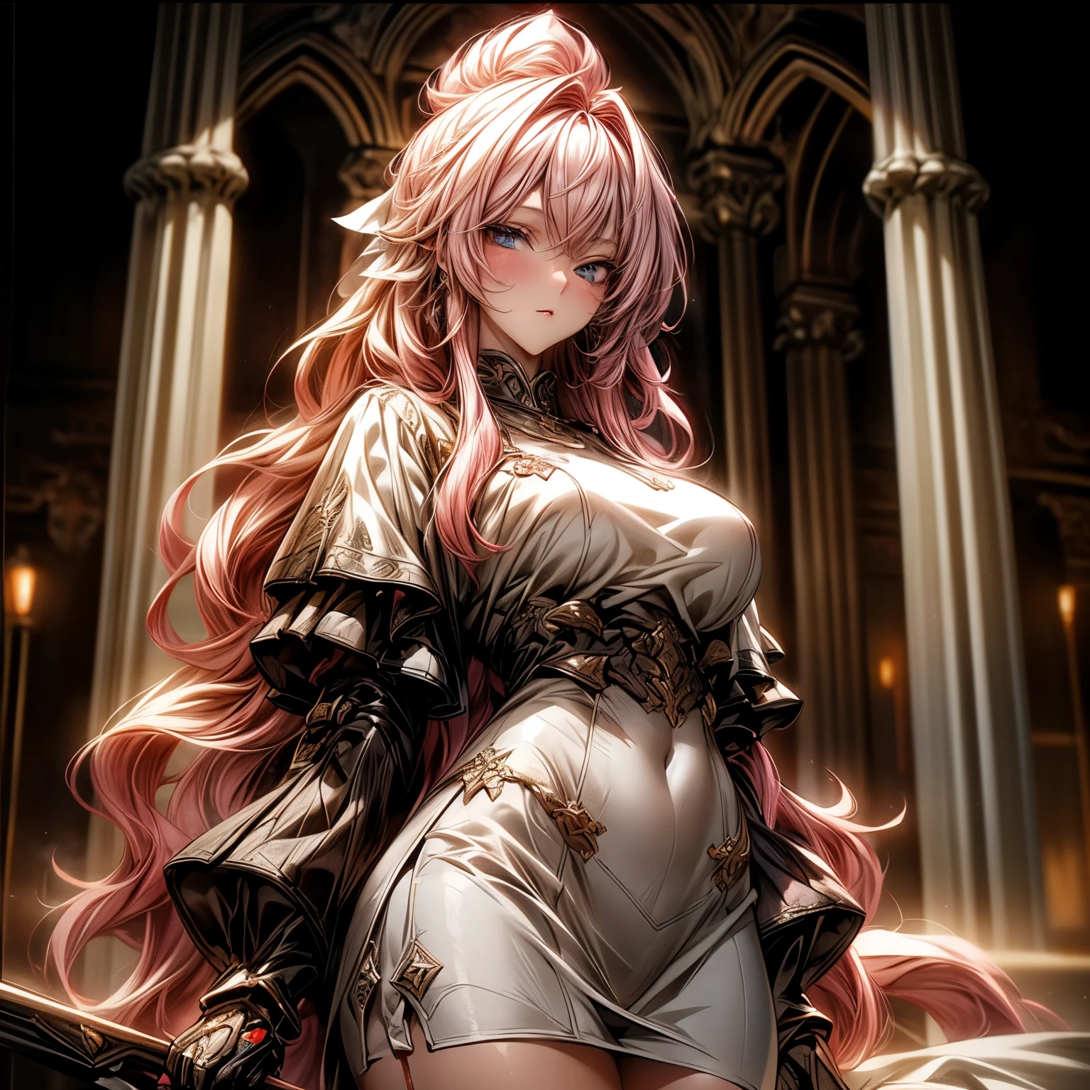 (best quality)), ((Masterpiece)), (details:1.4), 3d, HDR (high dynamic range), an image of a beautiful cyberpunk female, Medieval, Cyberpunk, pink hair, Long hair, Hips up, Beautiful white eyes, จมูกโด่ง, ปากแดง, หน้าอกใหญ่, nvidia RTX, PBR surface, After processing, Anisotropic filtration,depth of field, Maximum clarity and clarity, multi-layered surface, Subsurface scattering, perfect proportions, 8K raw files, ultra detailed, Perfect proportions, volumetric lighting, soft lighting, Holy Paldin, Heavy Golden Armor, glossy skin, Castle background, jewely, ต่างหู, นิ้วมือสมบูรณ์, mini white skirt,