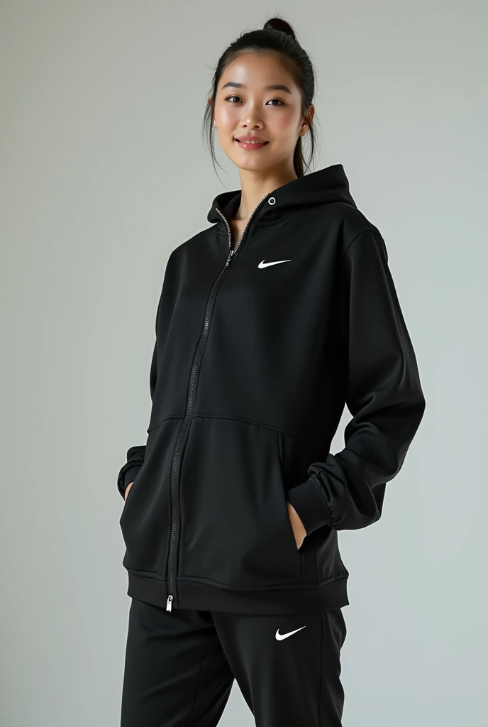 Good and black round neck Nike hoodie sweatshirt, wearing NIKE track pants, 38-D cup big firm breasts, zippered till neck jacket, Nike brand, athletic body sexy , very attractive face, cute smile, full length photo, smiling cute, Asian face, 34 years of age, looking at the camera straight, hands in pocket. 