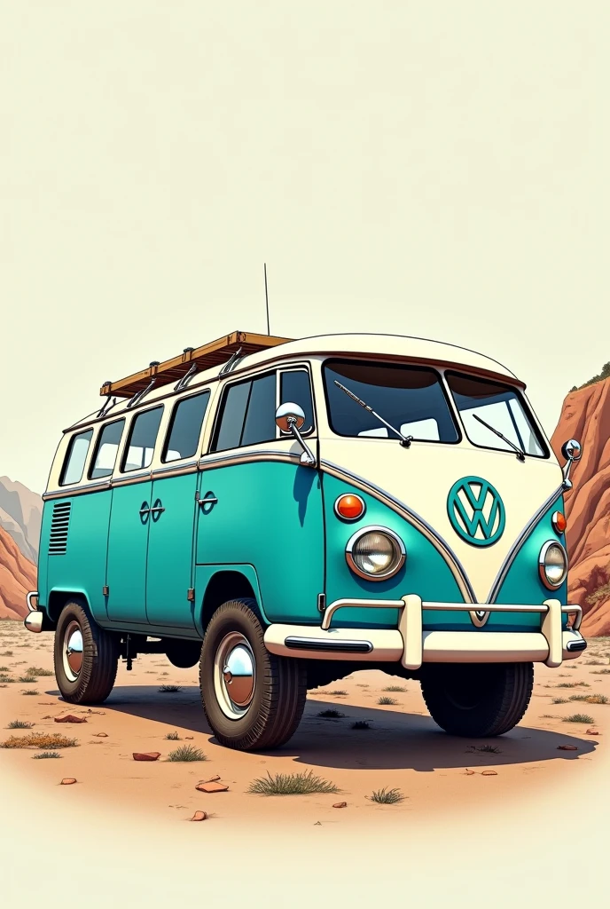 fais moi un volkswaghen T3 blanc et bleu turquoise en bas en dessin olschool un peu off road avec un dessin grossier