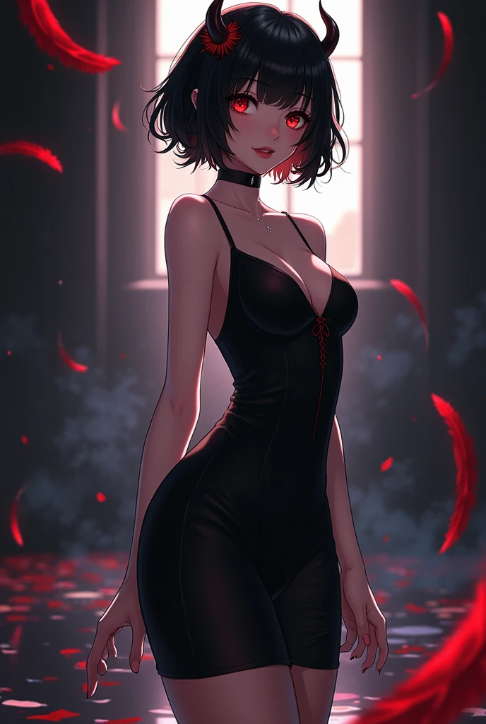 ((1girl, solo ,alone, Nero, Secre Swallowtail, illustration, (anime style, masterpiece, best quality), intricate details, 1girl, alone, Nero, black hair, short hair, red eyes, horns, black dress, black bulls, elegant delicate, reflection, shine, sophisticated, anime, manga, looking at the viewer, feathers)), ((solo, 1woman, pink lipstick, Extremely detailed, ambient soft lighting, 4k, perfect eyes, a perfect face, perfect lighting, a 1girl)), austere , ((fitness,, shapely body, athletic body, to