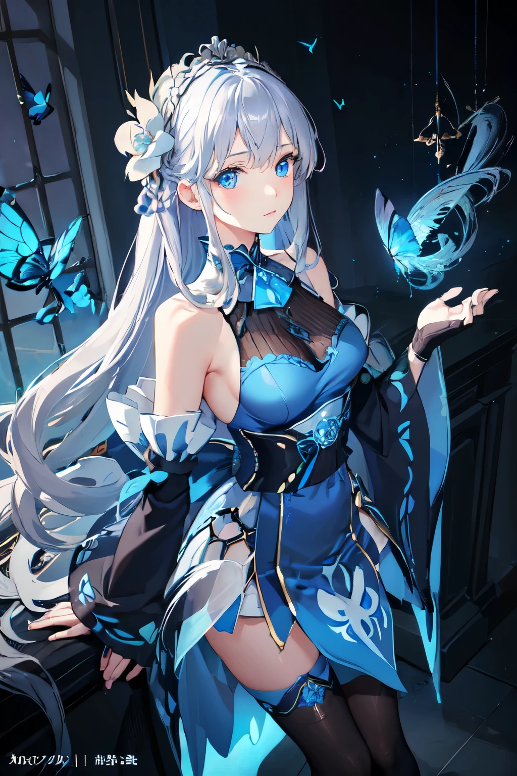 (Overhead view),dynamic angle,ultra-detailed, illustration, close-up, straight on, 1girl, (fantasy:1.4), (azure blue eyes:1.233),Her eyes shone like dreamy stars,(glowing eyes:1.233),(beautiful and detailed eyes:1.1),(Silver hair:1.14),(messy hair,very long hair,french braid,hair between eyes,sidelocks), (+(bule hair flower:1.14)),(chiffon dress,bule flower pattern in uniform)/=(military uniform:1.24),(detached sleeves,wide sleeves),(fingerless gloves),choker,(miko thighhighs),High heeled boots,(expressionless,closed mouth),(standing), (classical Princess boudoir with dressing tableand french windowin a white ancient palaces),(white flowers,bloom),(abysmal sea),(flowing water),(a dull blue world tree:1.14),(ruins),(night:1.2),dreamy,soul,(fluorescence),(flying translucent blue butterflies:1.15), [[delicate fingers and hands:0.55]::0.85],(detail fingers),(yubao:0.5),