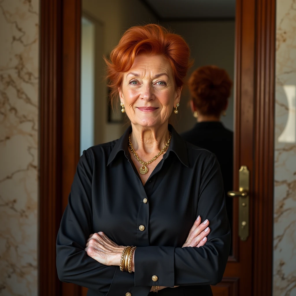 avant-garde photography of an elderly woman as ((baker)) with ((red mullet hair)) who wears cufflinks, subtle symbols of elegance, adorns the sleeves of a formal shirt, shows attention to detail, vestita with top nero senza spalline, gold necklace, gold bracelet, wooden door, marble walls, internal lighting, mirrored