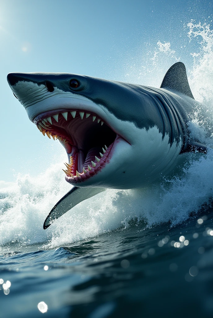 Image of a white shark jumping out of the water while hunting, showing his strength and speed.