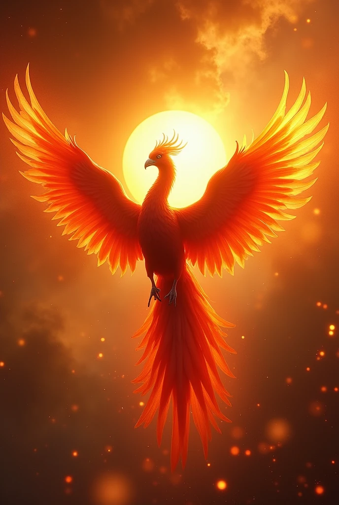 god々A fascinating close-up portrait of a beautiful large phoenix in bright light, Golden Light, The vibrant bokeh balls gently frame the delicate shape.. , The phoenix is a beautiful, fiery red.., Extremely realistic photos, 美しくgod秘的に発光する翼, A long tail like a peacock, Ultra detailed sun, With the sun at my back, Flying in the sky, Facing forward, universe space, Very large and impressive adult bird, Flames flutter,